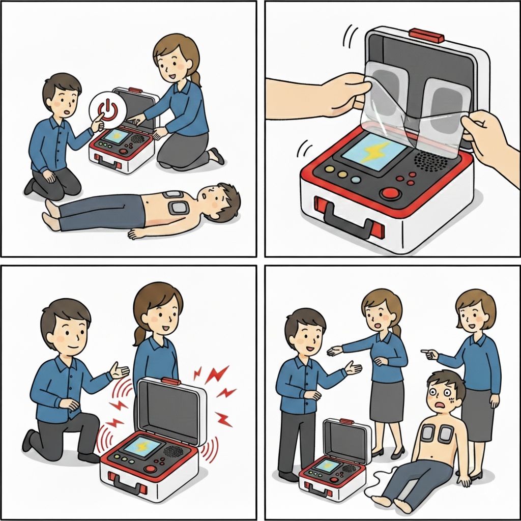 Ilustración mostrando la correcta posición de los parches de un desfibrilador en el pecho de una persona.