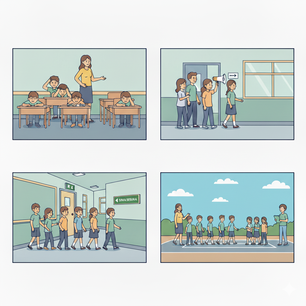 Ilustración de cómo actuar durante un sismo, agacharse y cubrirse.