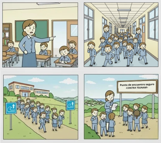 Ilustración sobre cómo evacuar durante un tsunami hacia zonas altas.